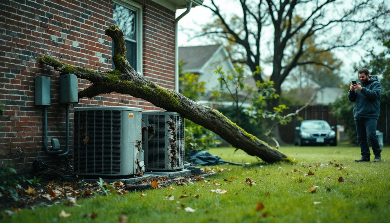 Homeowner photographs a storm-damaged AC condenser after a tree limb fell on it, the kind of loss where homeowners insurance may cover HVAC repairs
