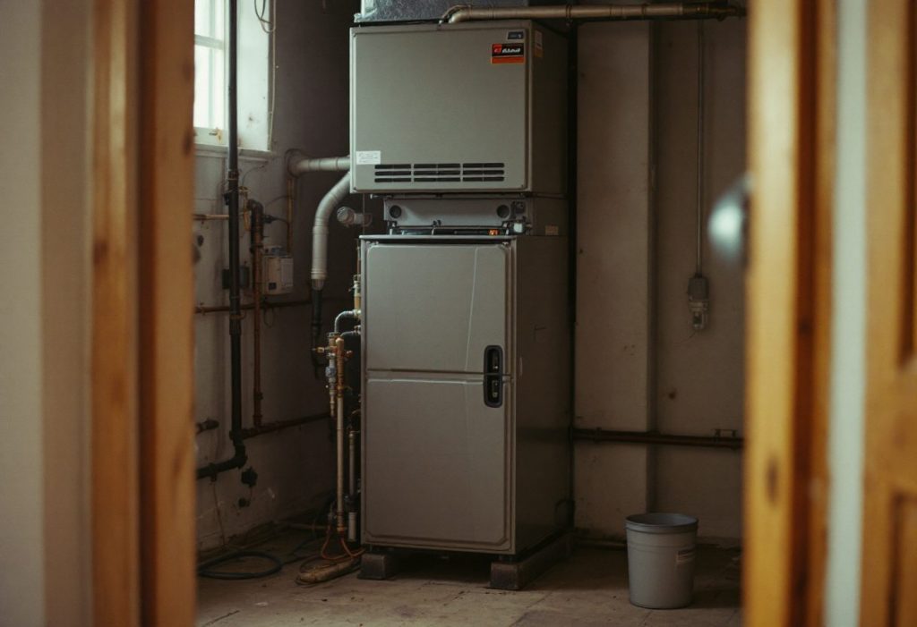 The indoor half of a dual fuel system: a gas furnace with the heat pump's coil on top.