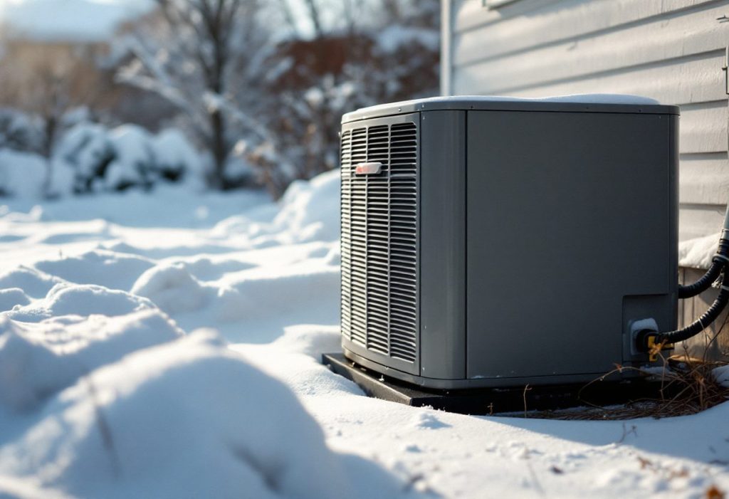 A heat pump outdoor unit on a cold morning, when the furnace may take over.