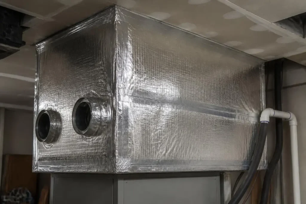 A duct board plenum: seams closed with listed foil tape, takeoffs cut into the sides.