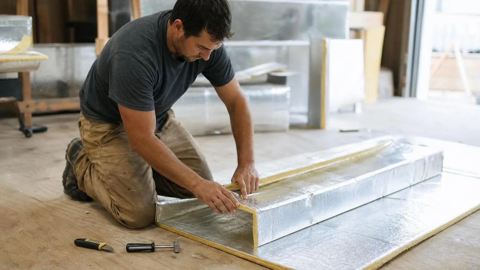 HVAC technician folding fiberglass duct board into a rectangular duct section in a shop