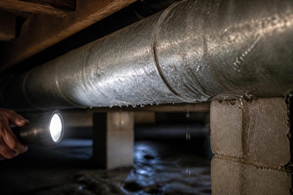 Condensation dripping from ductwork in a humid crawl space.