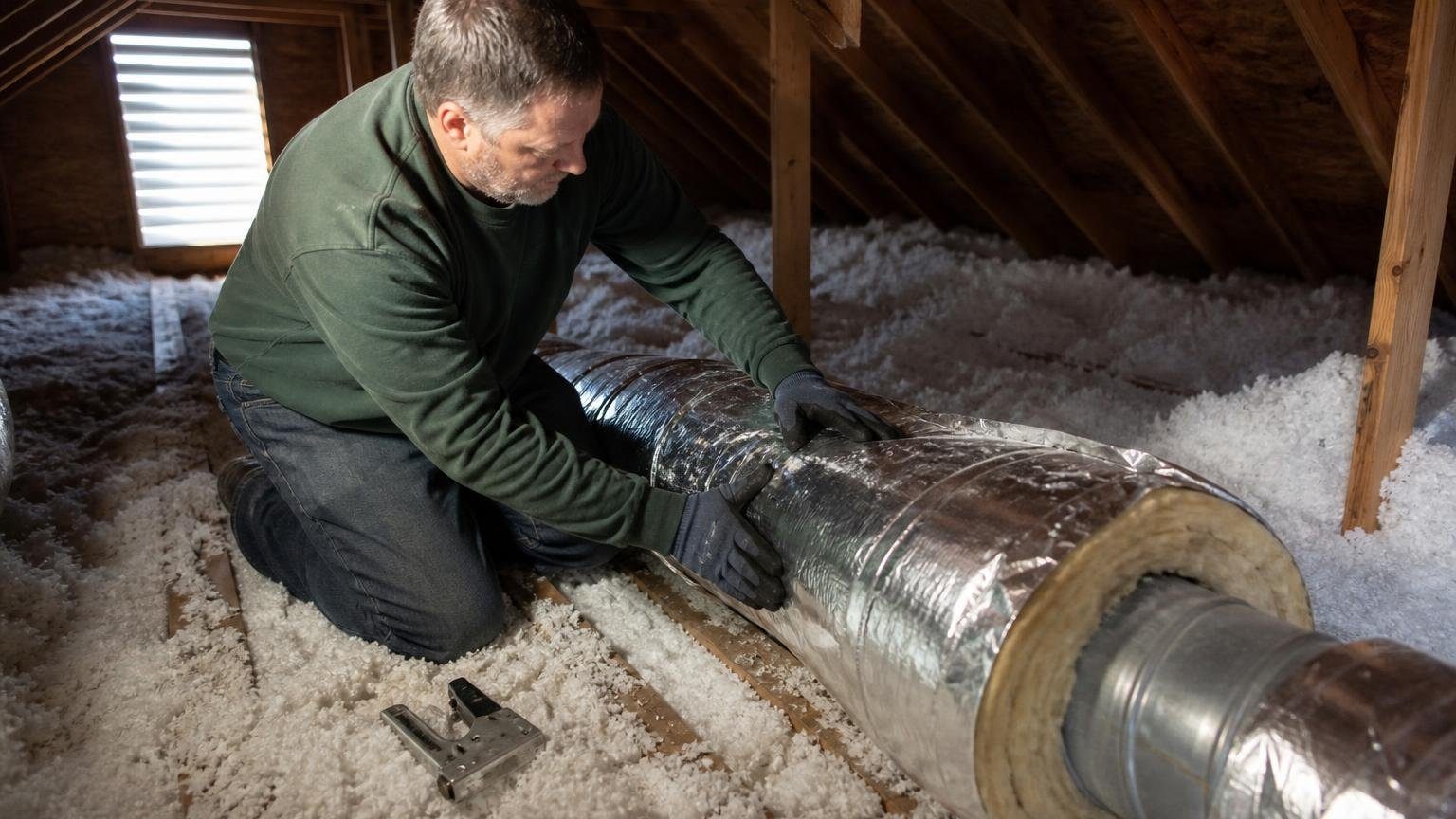 Technician installing duct insulation wrap on a metal supply duct in an attic