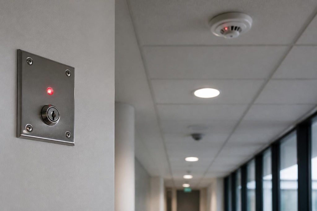 A remote test station lets technicians check a duct detector hidden above the ceiling.