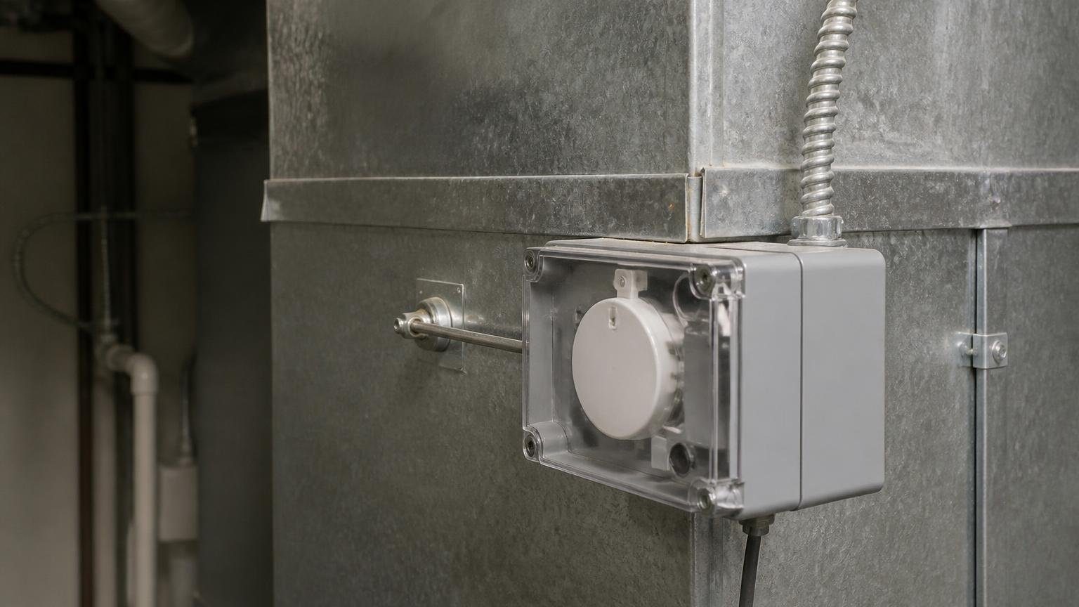 Technician checking airflow at a duct smoke detector mounted on a return air duct