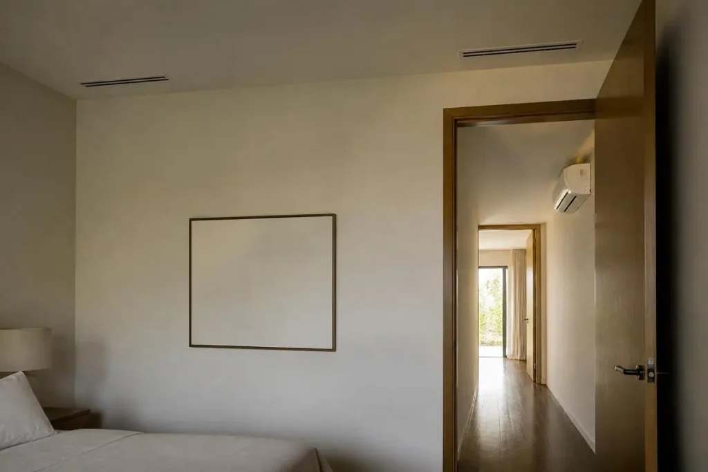 Ducted units hide behind grilles; ductless heads hang on the wall.