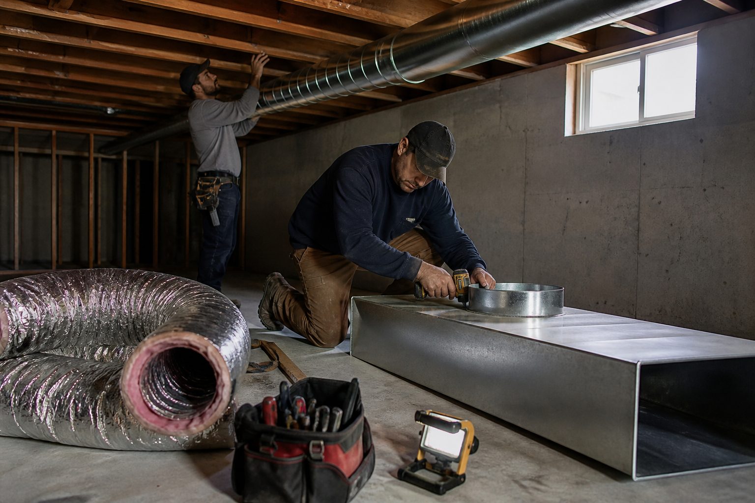 Installers joining galvanized trunk and branch duct in a basement, the fabrication and labor behind any ductwork cost estimate