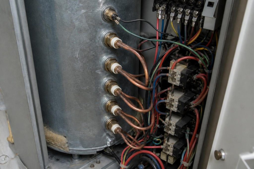 Inside an electric boiler: resistance elements switched on in stages.
