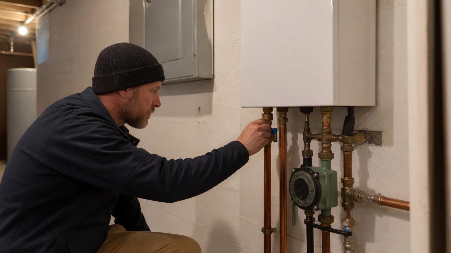 Technician servicing a wall hung electric boiler connected to copper hydronic piping in a basement