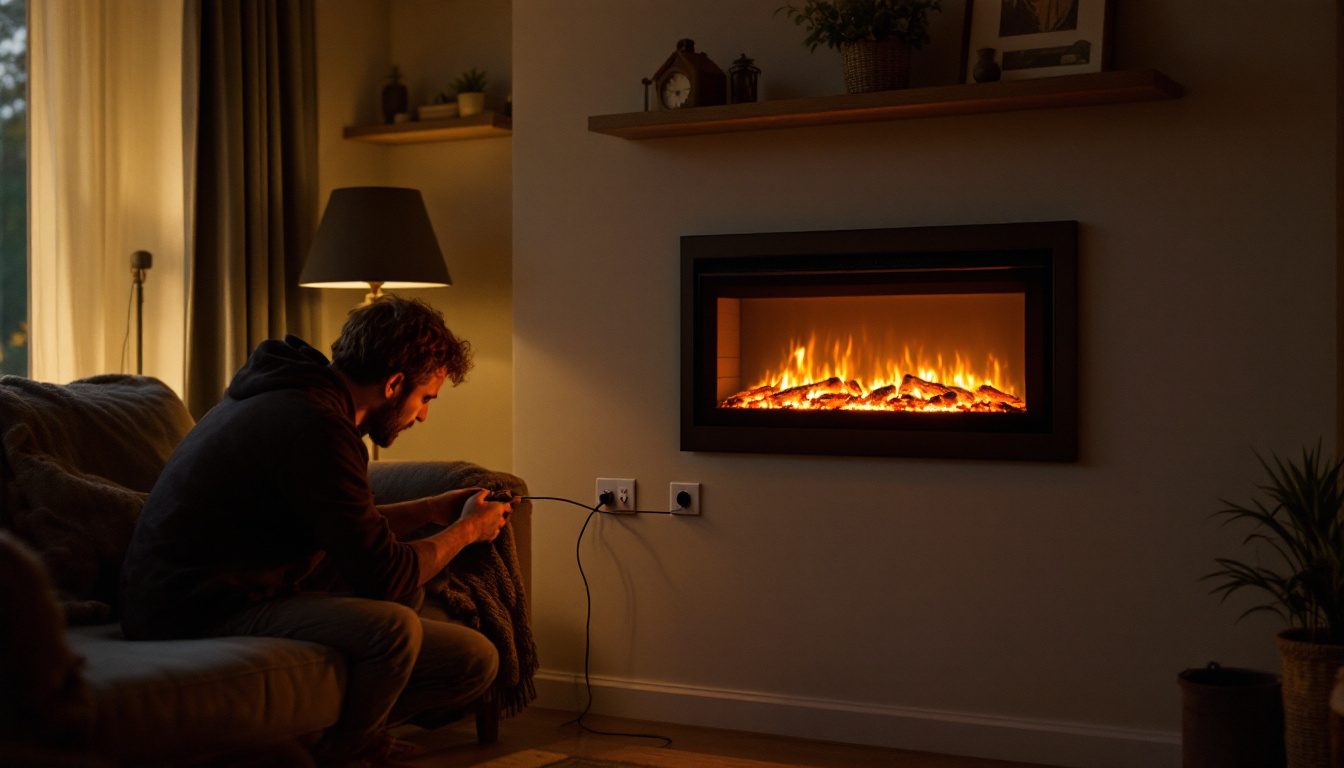 Homeowner plugging a wall-recessed electric fireplace directly into a wall outlet in a living room