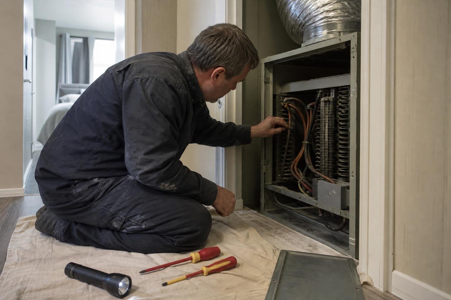 Technician inspecting the heating elements inside an electric furnace in a manufactured home utility closet