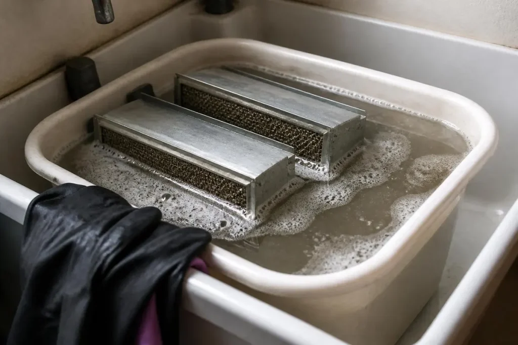 Collector cells soak in detergent and dry fully before they go back in.