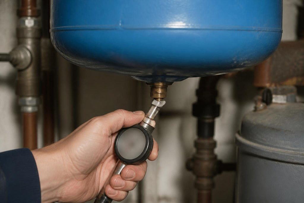 Checking the air charge at the tank's valve, with the system drained down to zero pressure.