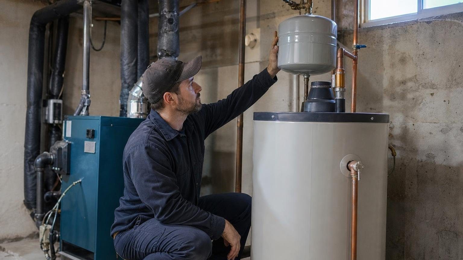 A plumber checks a water heater expansion tank on the cold water line in a basement utility room