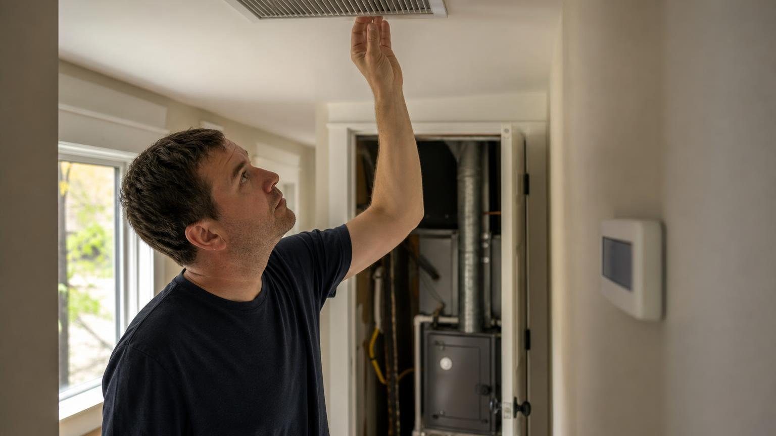 Homeowner feeling airflow at a ceiling register while deciding fan on vs auto on the thermostat