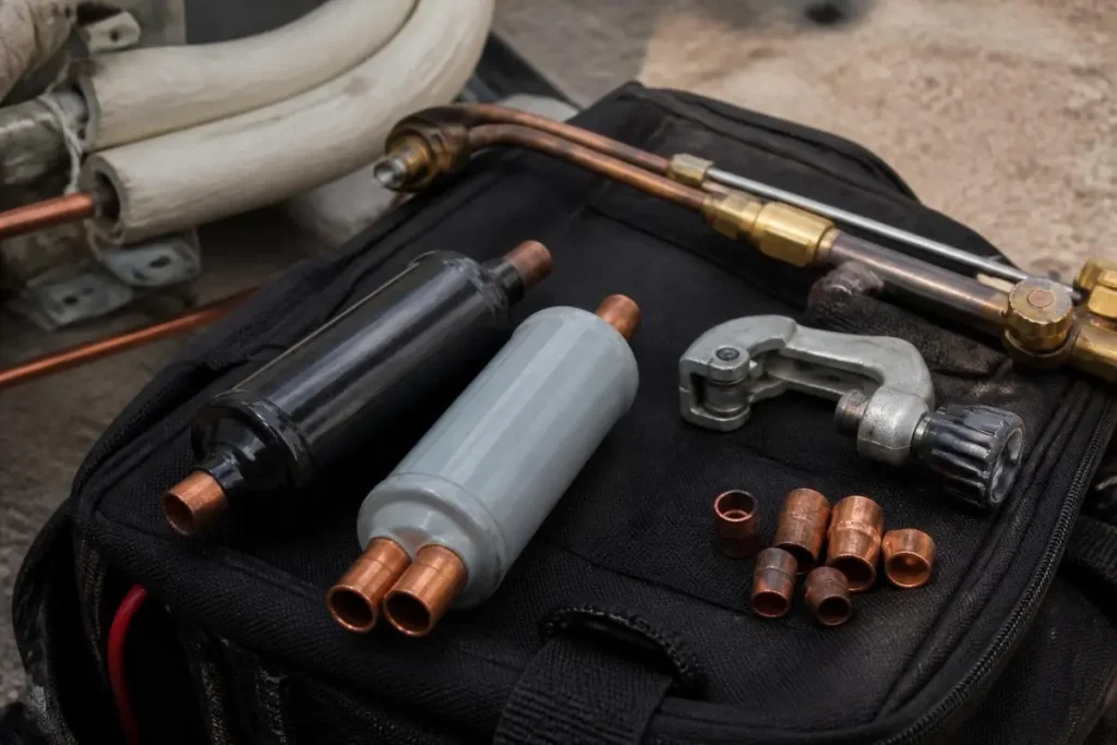 Standard and bi-flow driers look alike; heat pumps need the bi-flow type or check-valve piping.