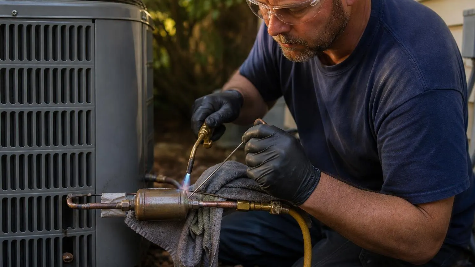 Technician brazing a liquid line filter drier into an air conditioner's copper refrigerant line