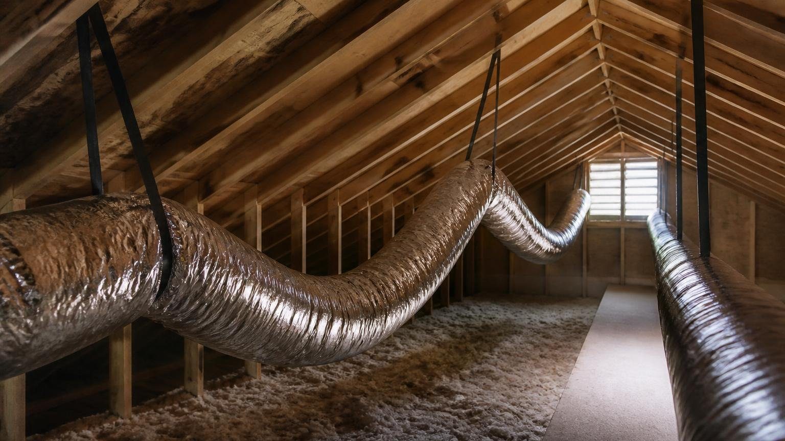 Technician supporting an insulated flex duct run on wide straps in an attic