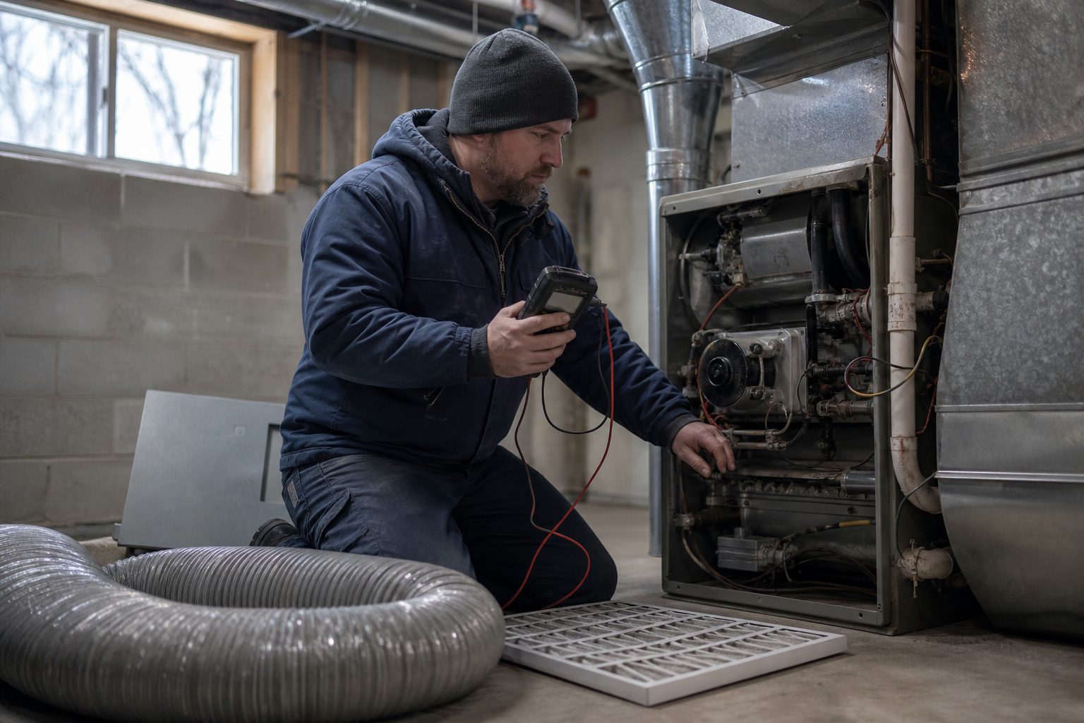 Technician diagnosing a furnace blowing cold air with the blower door open and a manometer in hand