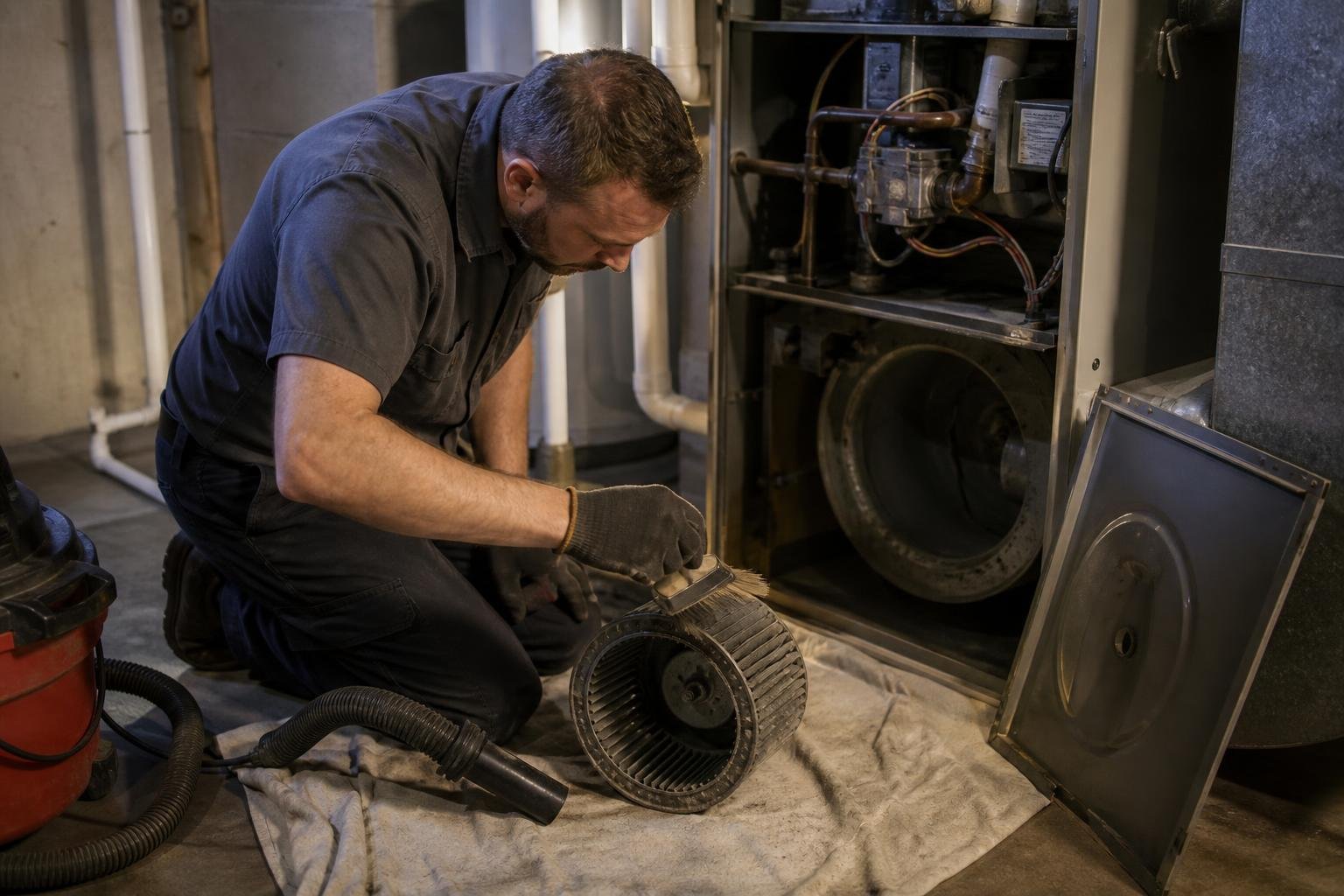 Furnace cleaning in a basement: the blower wheel has been removed from a gas furnace and rests on a drop cloth for brushing