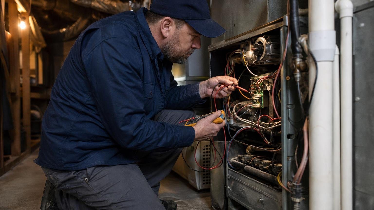 Technician testing a furnace control board inside the blower compartment of a gas furnace with a multimeter
