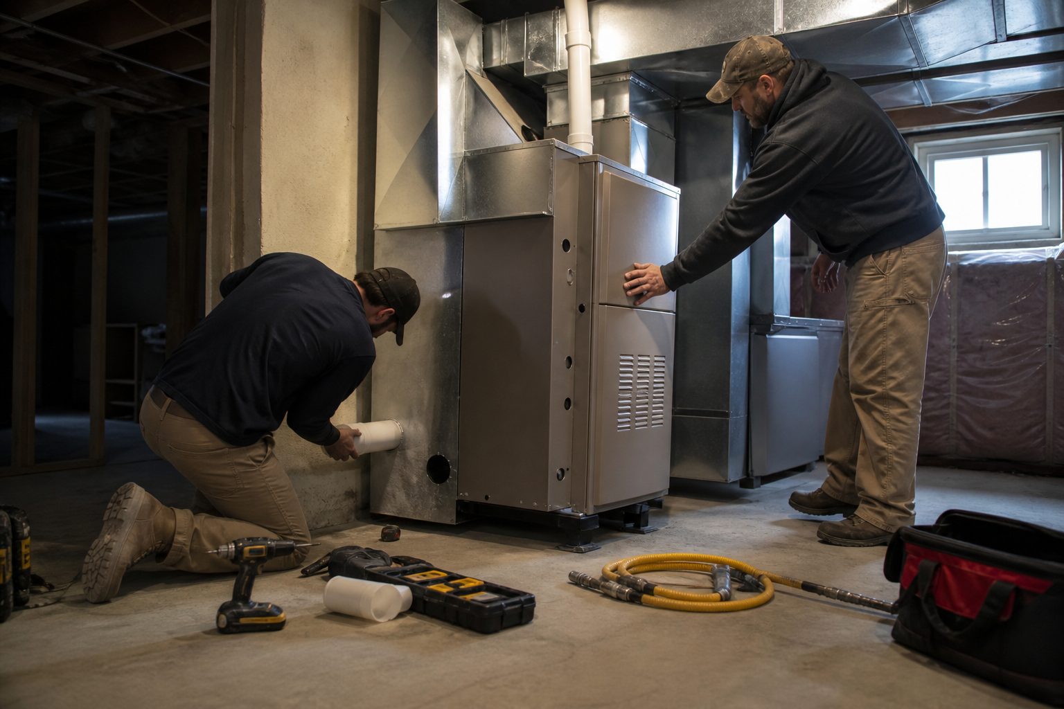 HVAC technicians installing a condensing gas furnace and its plastic venting, the work behind every new furnace cost estimate
