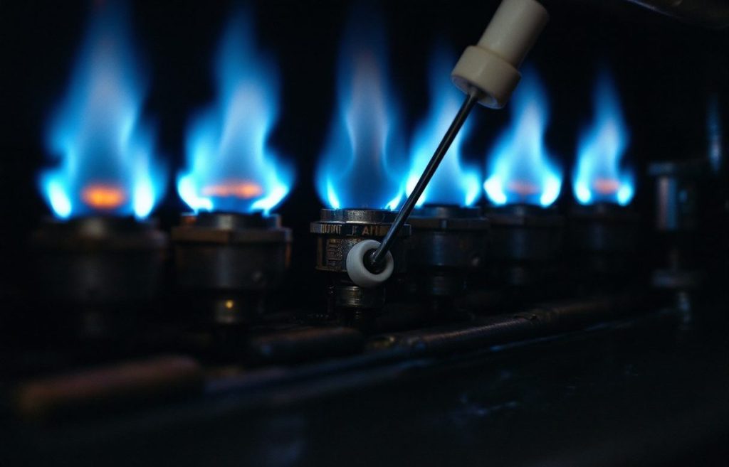 A flame sensor rod sitting in the burner flame.
