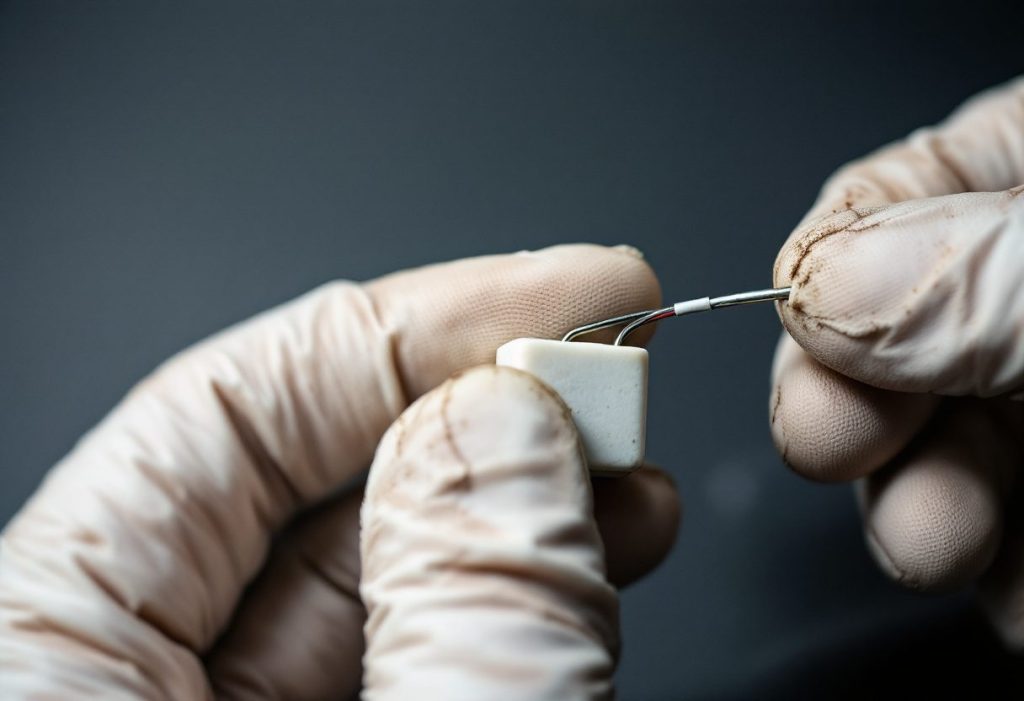 A furnace flame sensor: a thin steel rod on a ceramic insulator.