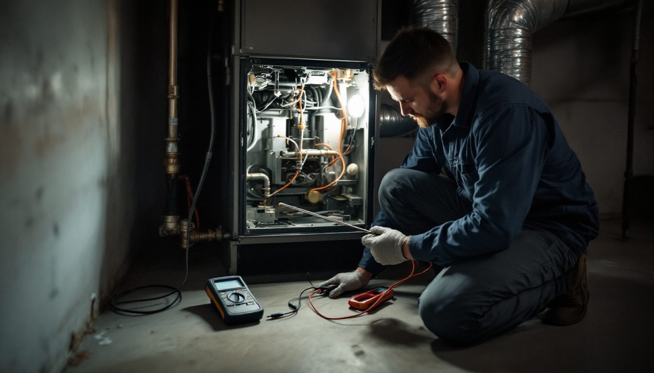 Technician holding a furnace flame sensor rod removed from the burner assembly of a gas furnace