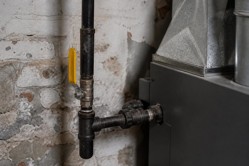 The appliance shutoff valve and sediment trap sit upstream of the furnace gas valve.