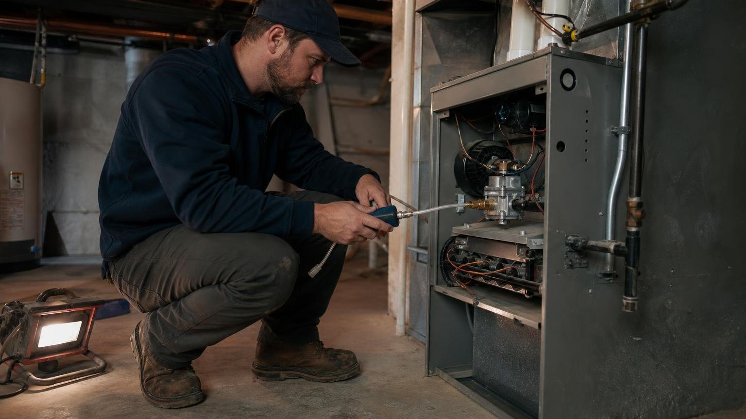 Technician measuring manifold pressure at a furnace gas valve with a manometer