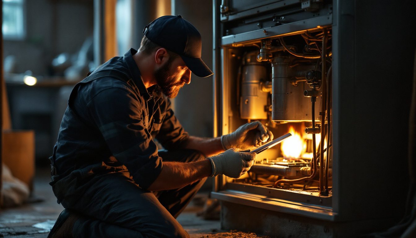 Technician holding a furnace ignitor by its bracket beside the open burner compartment of a gas furnace
