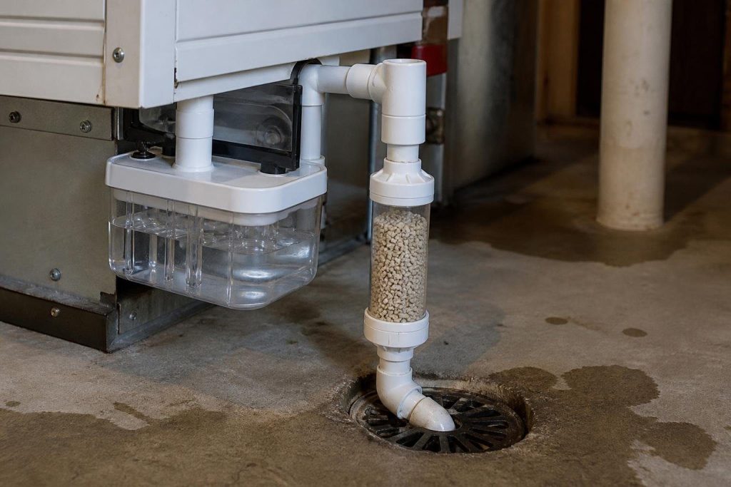 The trap, drain line and neutralizer on a condensing furnace. A dry or cracked trap is a common leak source.