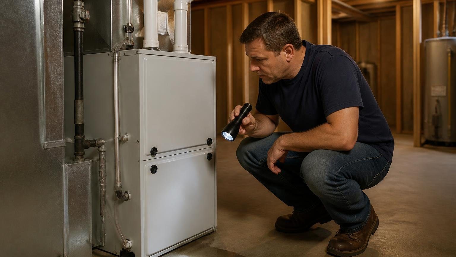 Homeowner checking the drain hose of a high efficiency furnace leaking water onto a basement floor