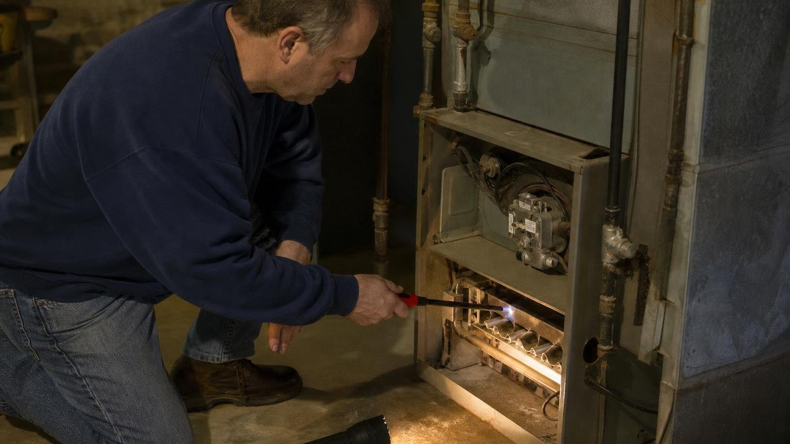 Homeowner relighting a furnace pilot light on an older standing pilot gas furnace in a basement