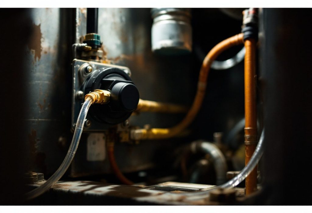 A pressure switch with its sensing hose running to the draft inducer.