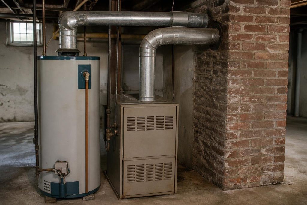 On an 80 percent furnace, metal B-vent carries hot flue gas to the chimney, often shared with the water heater.