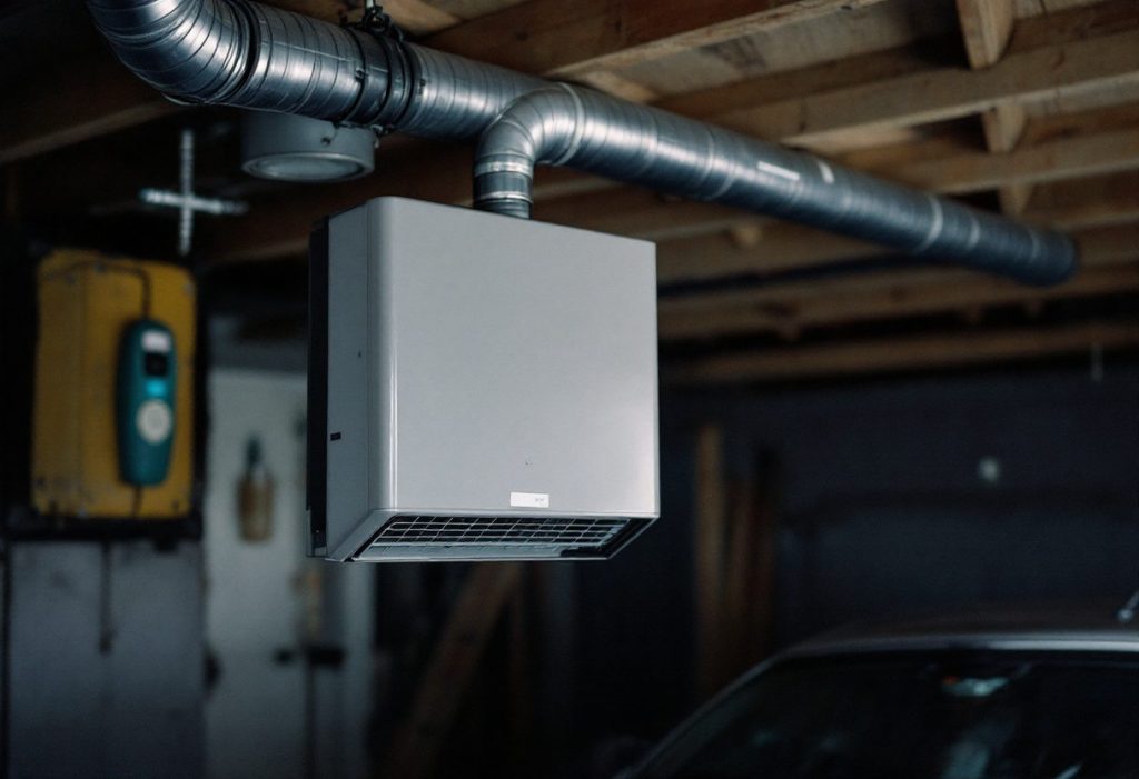 A vented gas unit heater hung from the garage ceiling.
