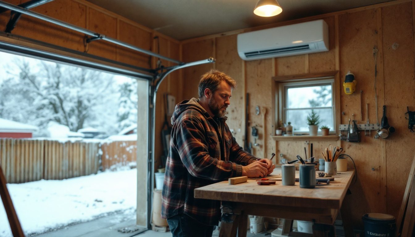 Homeowner working at a bench in an insulated garage with a ductless mini split mounted on the wall for garage heating and cooling