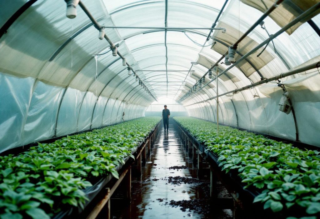 Inside a polyethylene hoop greenhouse in summer, where ventilation sets the temperature.
