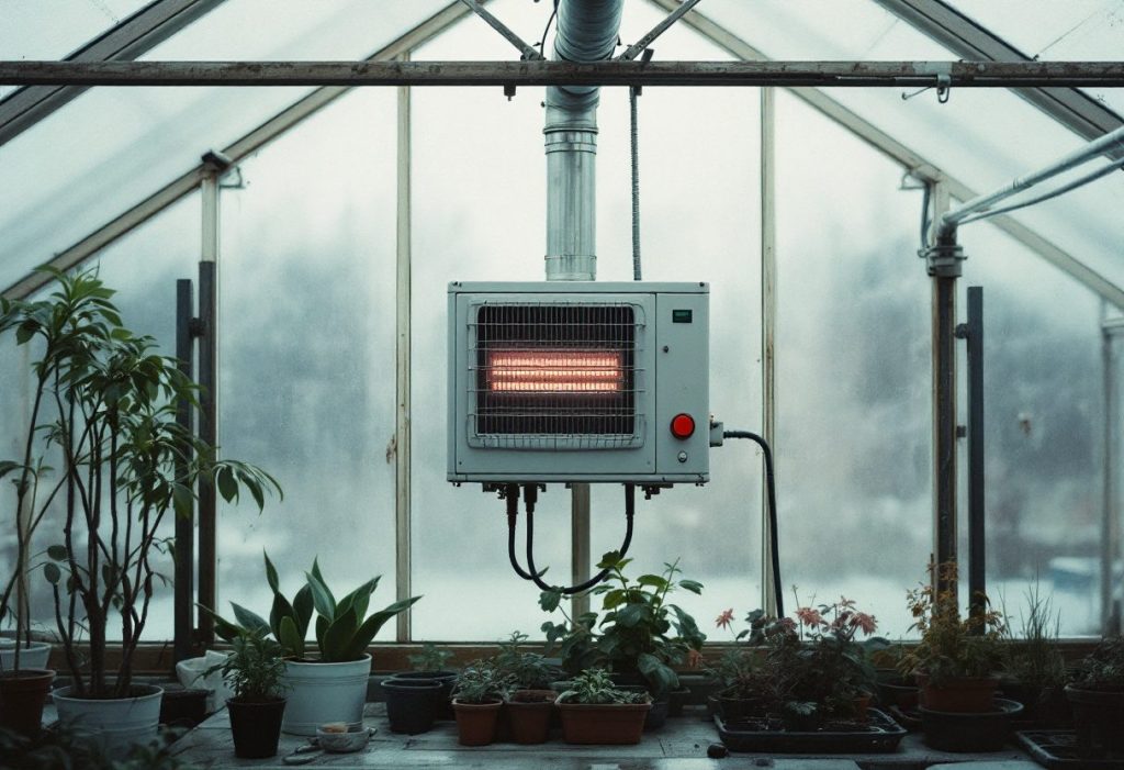 A heater mounted inside a greenhouse in winter.