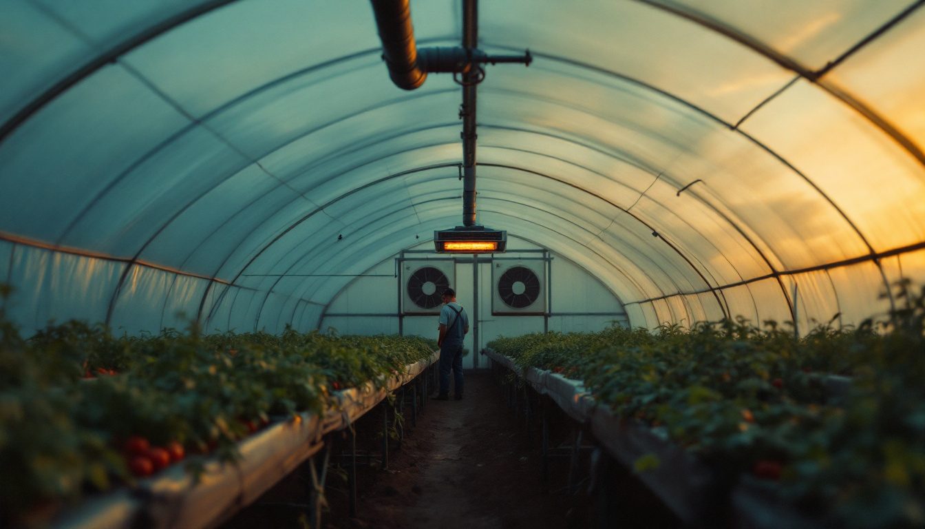 Greenhouse ventilation fans and a vented unit heater inside a poly hoop house with tomato plants