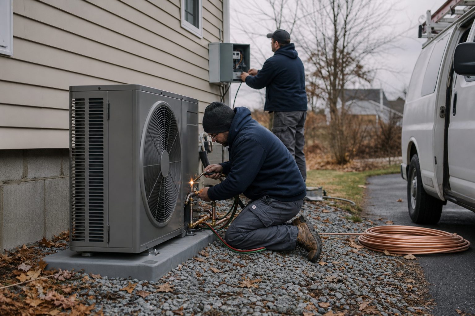 Technicians installing an outdoor air-source heat pump and its electrical disconnect, the work behind every heat pump cost estimate