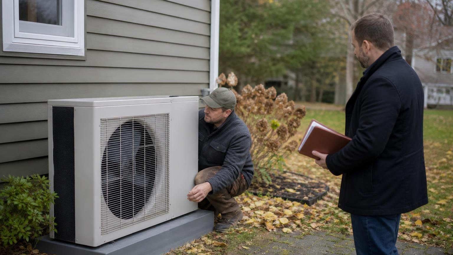 Technician finishing a heat pump installation that qualifies for heat pump rebates at a suburban home