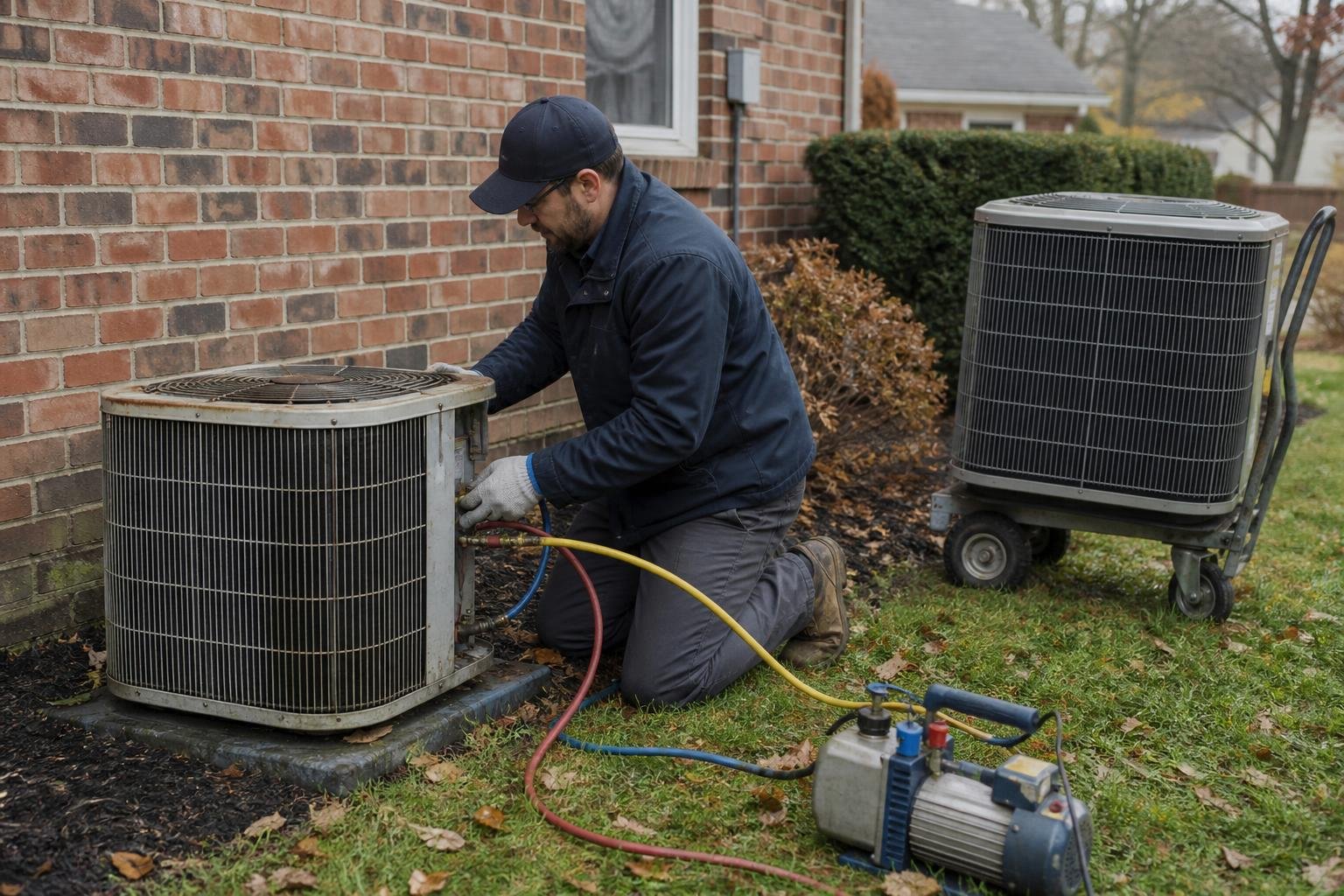 Technician removing an old outdoor unit during a heat pump replacement at a suburban home