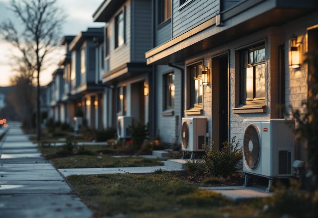 Compact new townhomes with heat pumps.