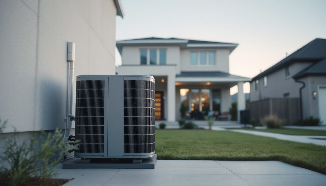 A newly built two-storey suburban house with a modern heat pump outdoor unit on a concrete pad beside it.