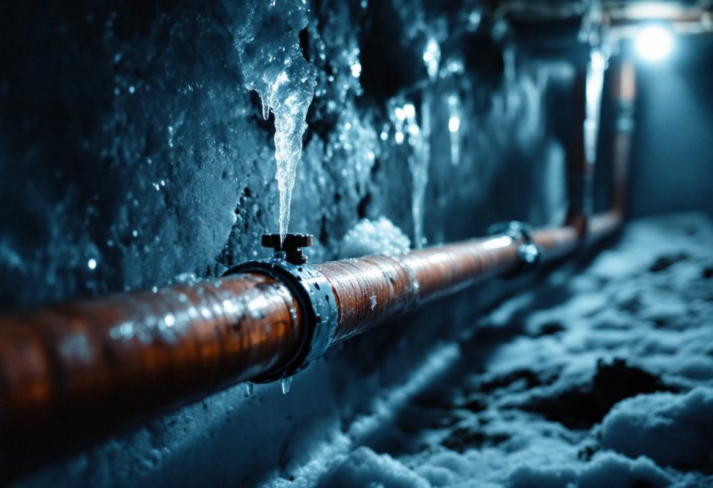An exposed pipe in a cold crawl space, the kind heat tape is made for.