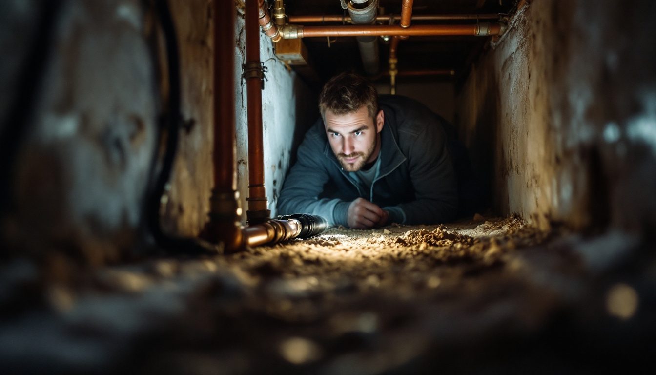 Heat tape for water pipes run straight along an exposed copper supply line in a crawl space