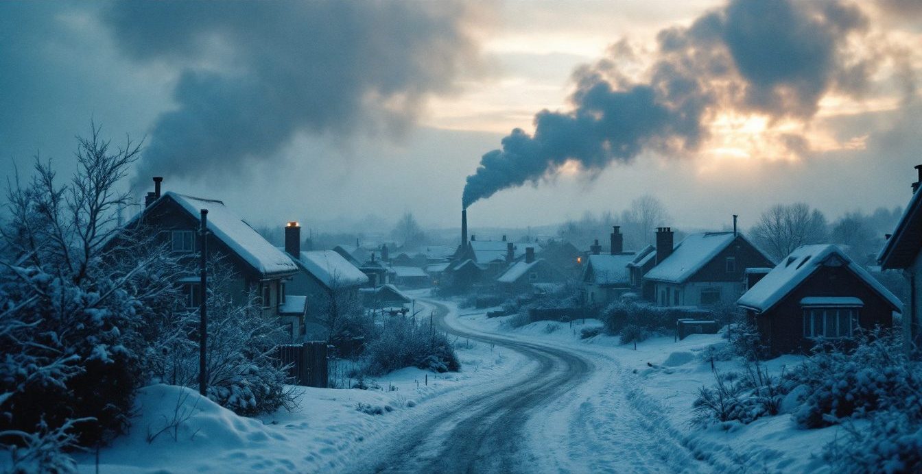 A small northern town covered in snow at dawn with chimney smoke rising from several houses.